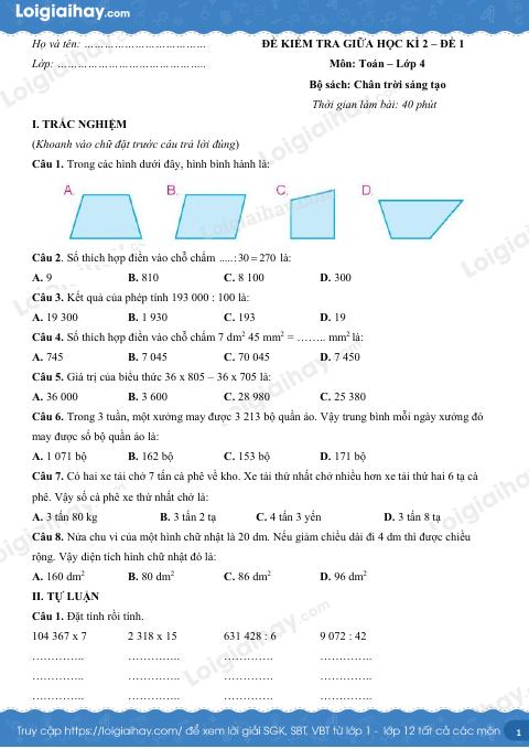 Đề kiểm tra giữa học kì 2 Toán 4 Chân trời sáng tạo - Đề số 1